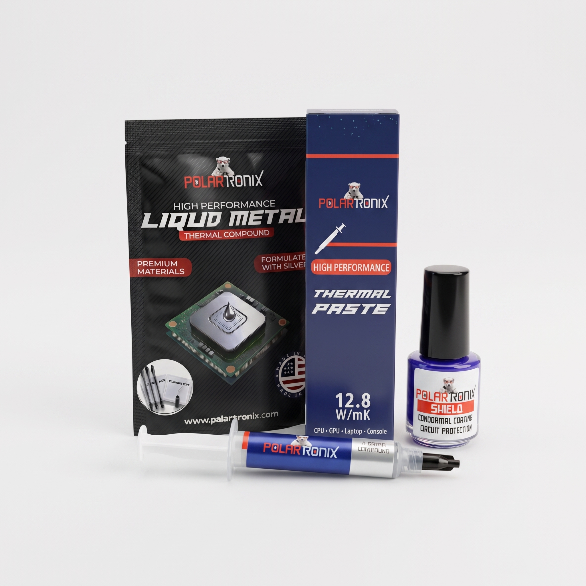 PolarTronix thermal management products including liquid metal, thermal paste, thermal putty and thermal protection